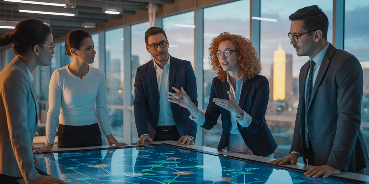 Professionals collaborating around a laptop in a meeting room