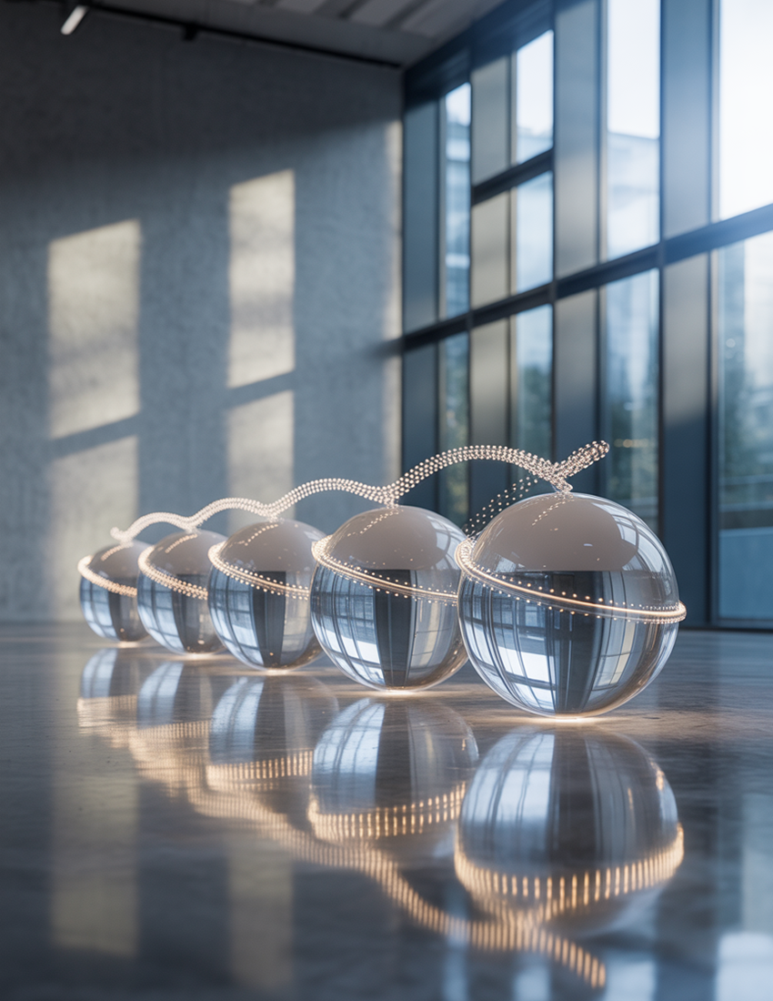 Modern glass spheres installation in a bright atrium, symbolizing clarity and momentum