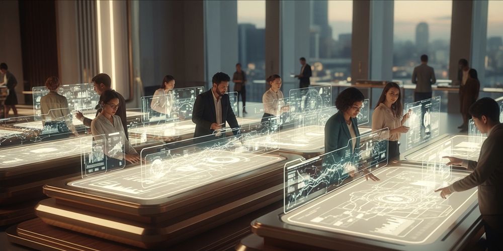 Teams collaborating around holographic platform