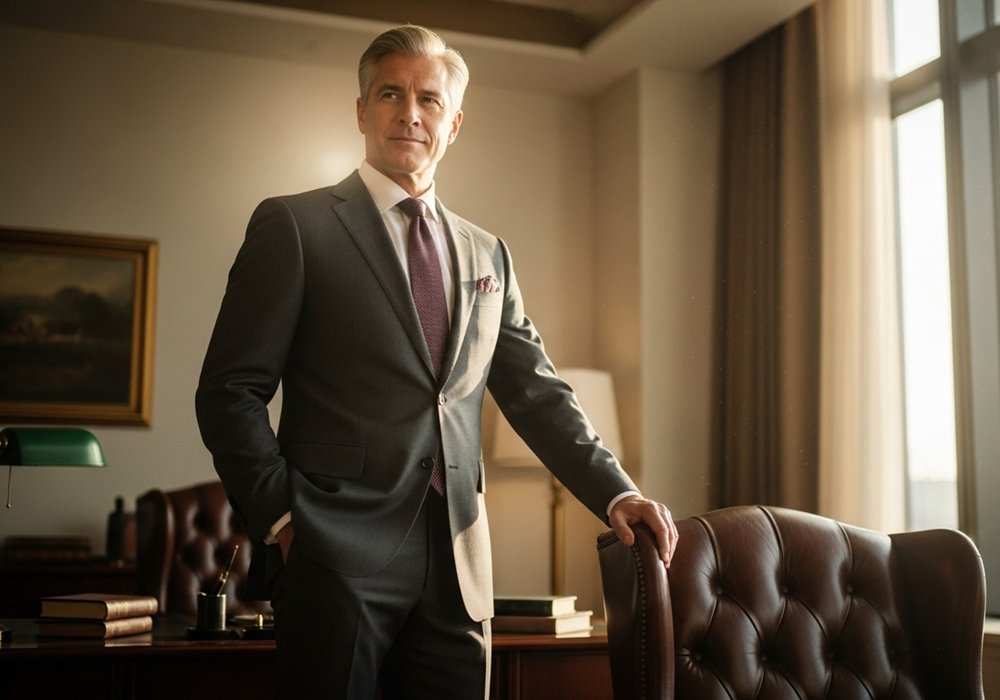 Executive walking through modern archway