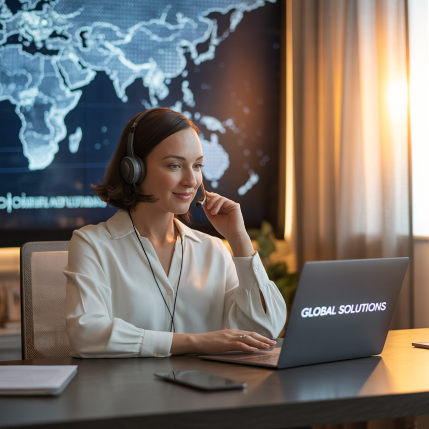 Professional on headset working with global operations dashboard