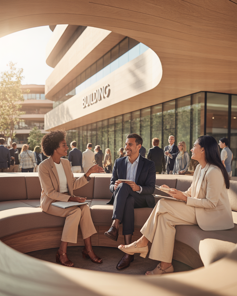 People talking in modern office plaza